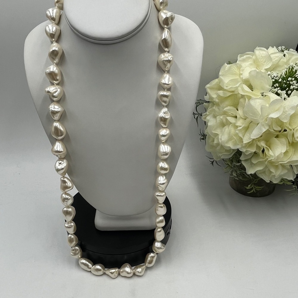 Baroque Glass Cream Faux Pearl‎ Long Heavy Hand Knotted Necklace